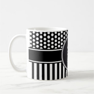 Black Dots & Stripes Grid + your backgr. & text Coffee Mug