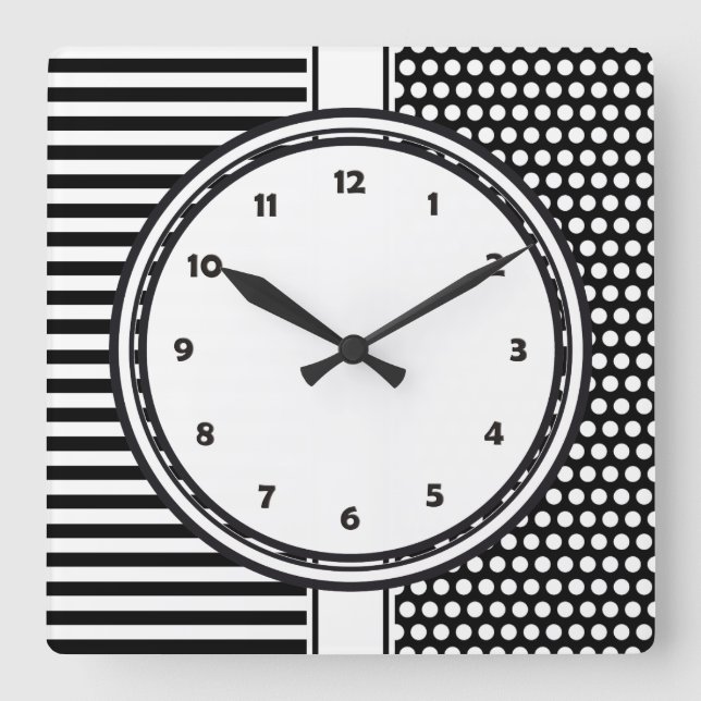 Black Dots & Stripes Grid + your backgr. & text Square Wall Clock (Front)