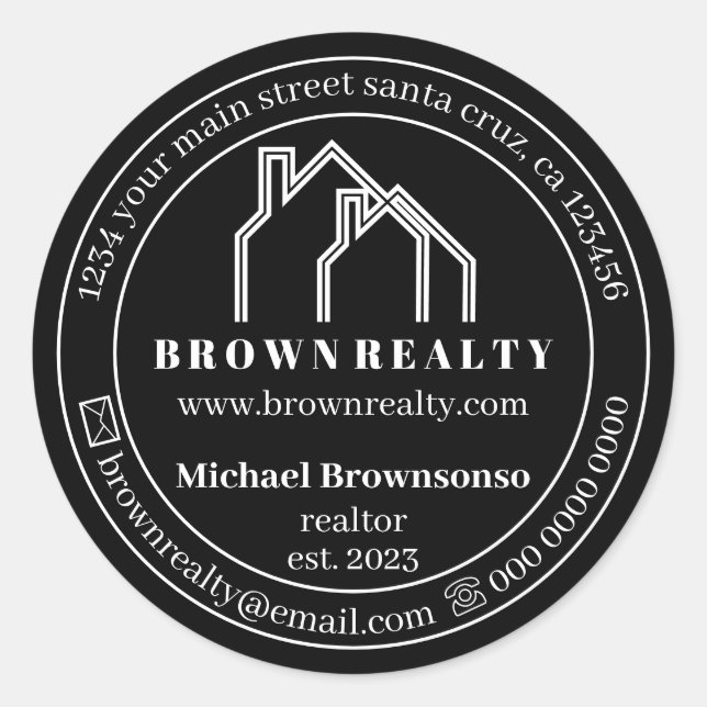Black Double House Logo Real Estate Agent Classic Round Sticker (Front)