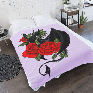 Black Dragon and Roses Fleece Blanket