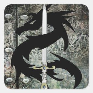 Black Dragon and Sword Square Sticker
