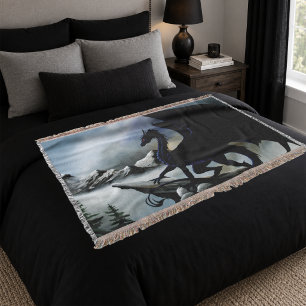 Black Dragon Fantasy Blue Mountains Throw Blanket