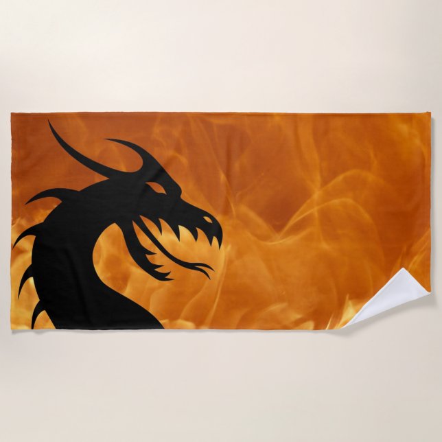 Black Dragon Fire Flame and Heat Beach Towel (Front)