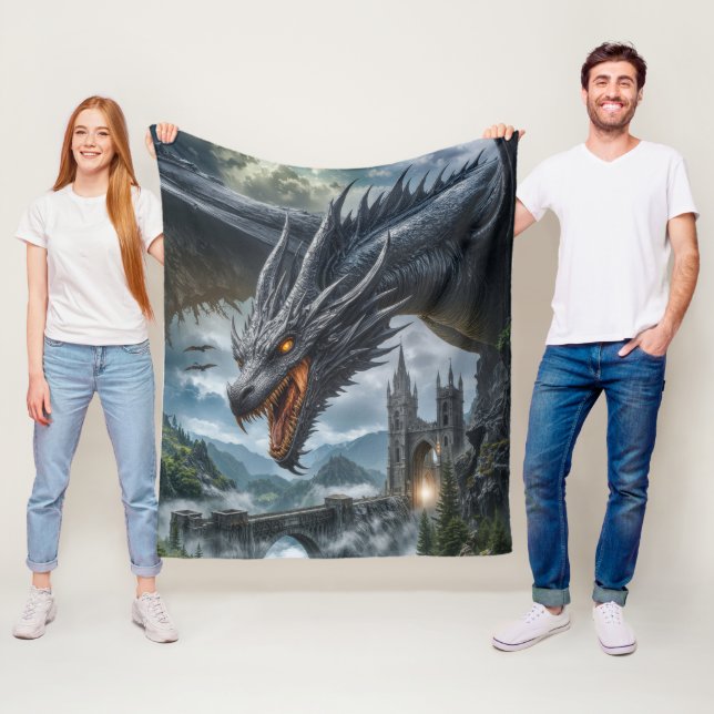 Black Dragon Guarding a Gothic Mountain Castle Fleece Blanket (In Situ)