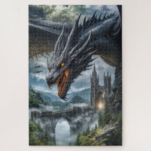 Black Dragon Guarding a Gothic Mountain Castle Jigsaw Puzzle