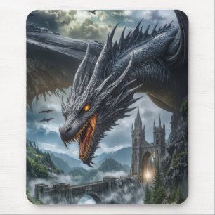 Black Dragon Guarding a Gothic Mountain Castle Mouse Mat