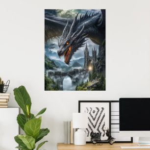Black Dragon Guarding a Gothic Mountain Castle Poster