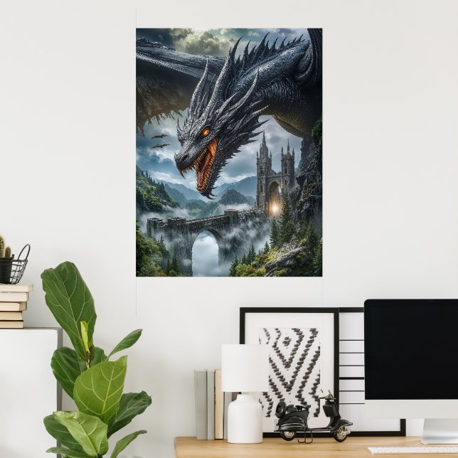 Black Dragon Guarding a Gothic Mountain Castle Poster (Home Office)