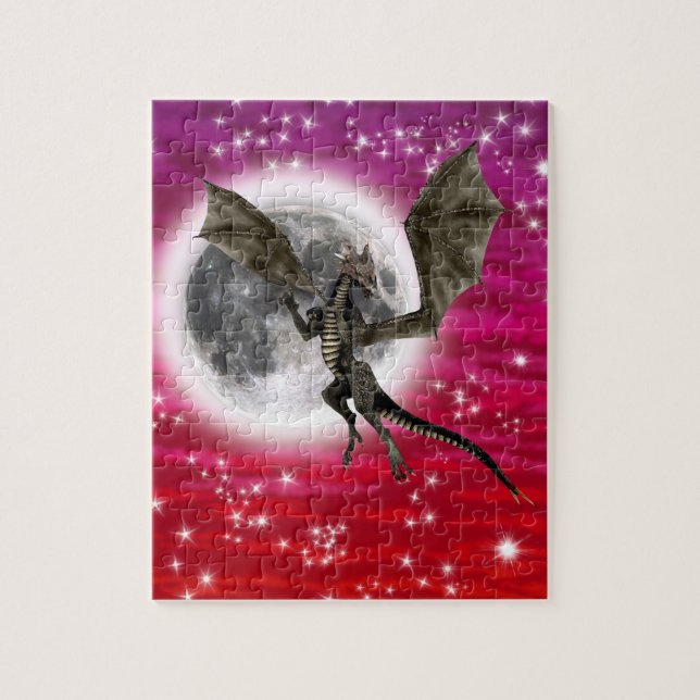 Black Dragon - Mythical Fantasy Creature Red Sky Jigsaw Puzzle (Vertical)