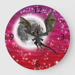 Black Dragon - Mythical Fantasy Creature Red Sky Large Clock