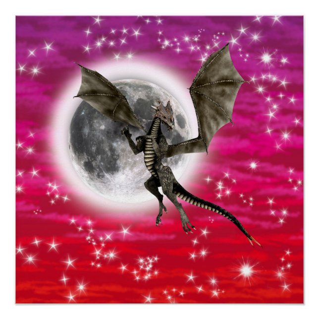 Black Dragon - Mythical Fantasy Creature Red Sky Poster (Front)