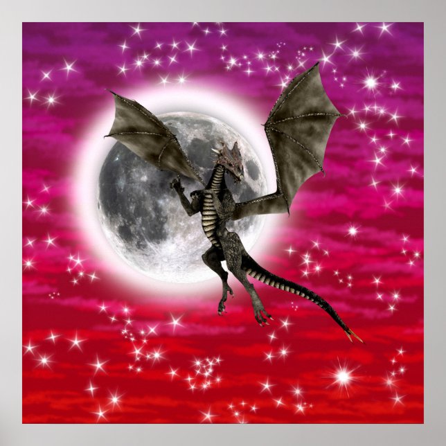 Black Dragon - Mythical Fantasy Creature Red Sky Poster (Front)