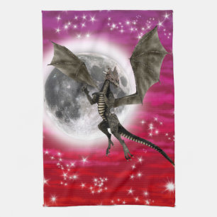 Black Dragon - Mythical Fantasy Creature Red Sky Tea Towel