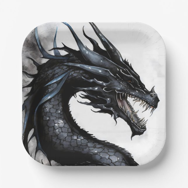 Black Dragon Nidhogg Watercolor Design Paper Plate (Front)