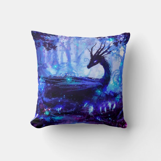 Black dragon, night forest scene. cushion (Front)