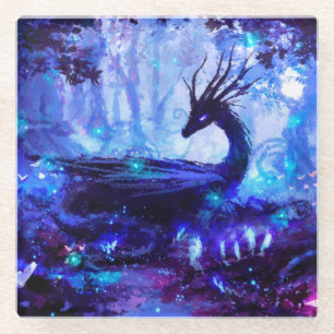 Black dragon, night forest scene. glass coaster