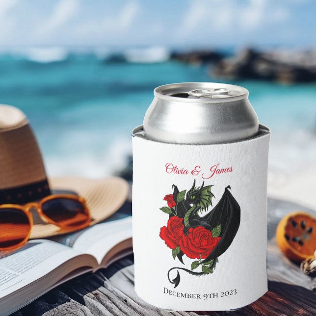 Black Dragon Red Roses Fantasy Can Cooler (Creator Uploaded)