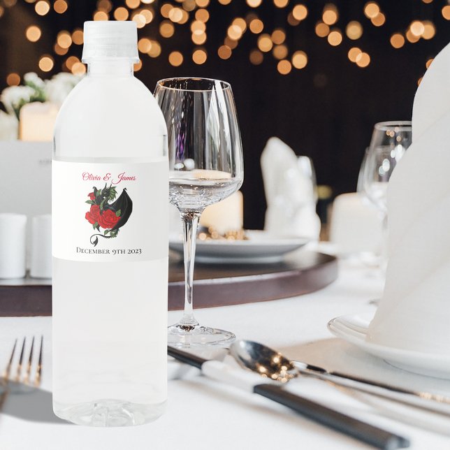Black Dragon Red Roses Fantasy Water Bottle Label (Creator Uploaded)