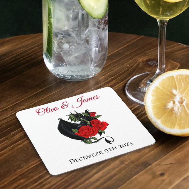 Black Dragon Red Roses Fantasy Wedding Square Paper Coaster (Creator Uploaded)