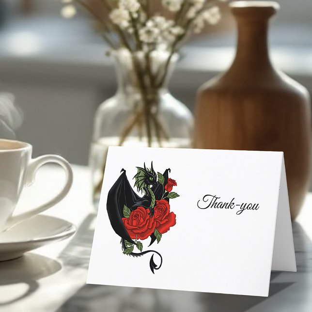 Black Dragon Red Roses Fantasy Wedding Thank You Card (Creator Uploaded)