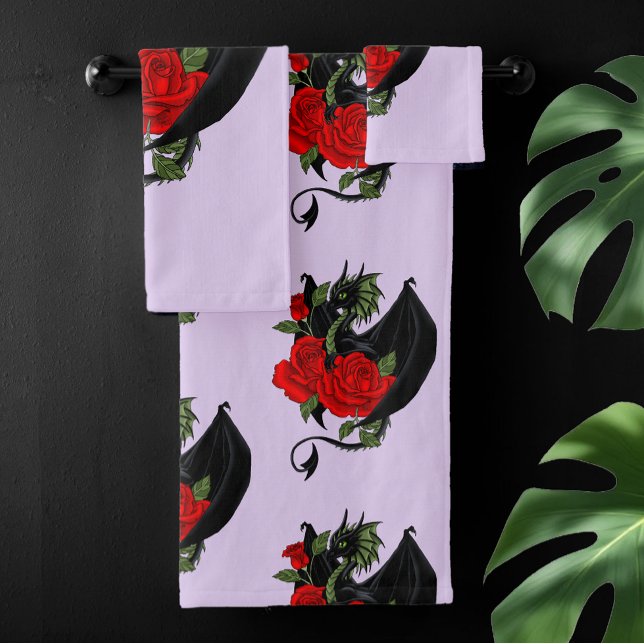 Black Dragon Red Roses Lavender Bath Towel Set (Creator Uploaded)