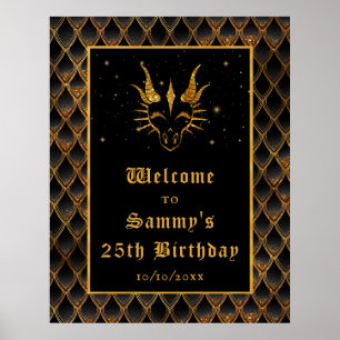 Black Dragon Scales Gold Birthday Party Welcome Poster
