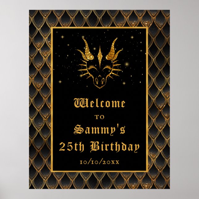 Black Dragon Scales Gold Birthday Party Welcome Poster (Front)