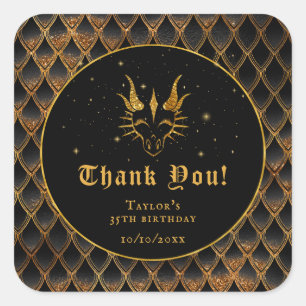 Black Dragon Scales Gold Birthday Thank You Square Sticker