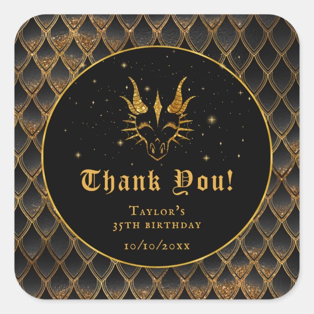 Black Dragon Scales Gold Birthday Thank You Square Sticker (Front)