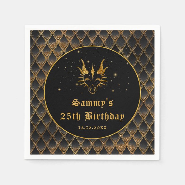 Black Dragon Scales Gold Faux Glitter Birthday Napkin (Front)