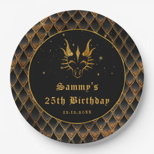 Black Dragon Scales Gold Faux Glitter Birthday Paper Plate