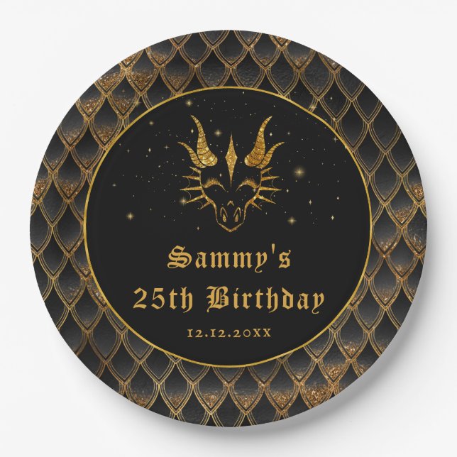 Black Dragon Scales Gold Faux Glitter Birthday Paper Plate (Front)