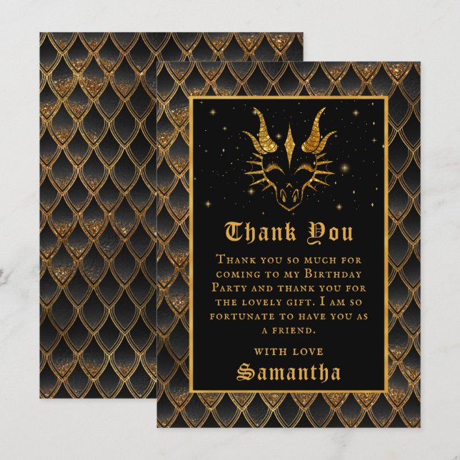 Black Dragon Scales Gold Faux Glitter Birthday Thank You Card (Front/Back)