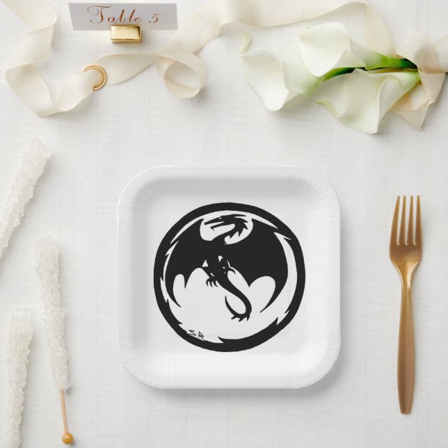 Black Dragon white square paper plates (Wedding)