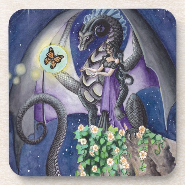 Black Dragon with butterfly dragon art Coaster (Front)