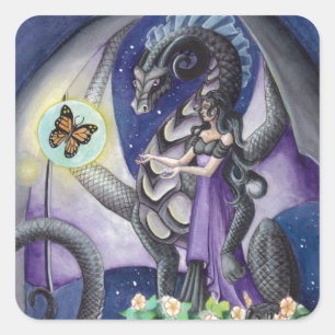 Black Dragon with butterfly dragon art Square Sticker