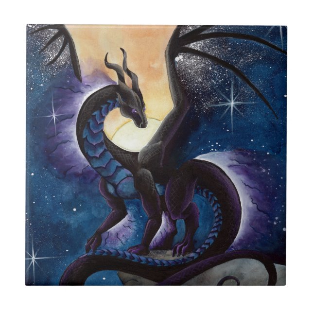 Black Dragon with Night Sky by Carla Morrow Tile (Front)