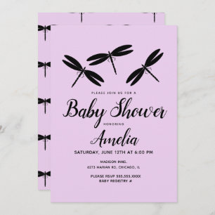 Black Dragonflies  Purple Baby Shower   Invitation