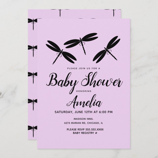 Black Dragonflies  Purple Baby Shower   Invitation (Front/Back)