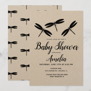 Black Dragonflies  Rustic Baby Shower   Invitation