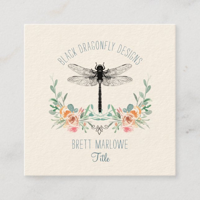 Black Dragonfly Floral Square Business Card (Front)