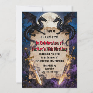 Black Dragons and Magic Swords Teen Boy Birthday Invitation