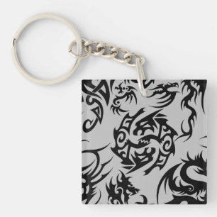 Black dragons pattern outline.b Grey BG Key Ring