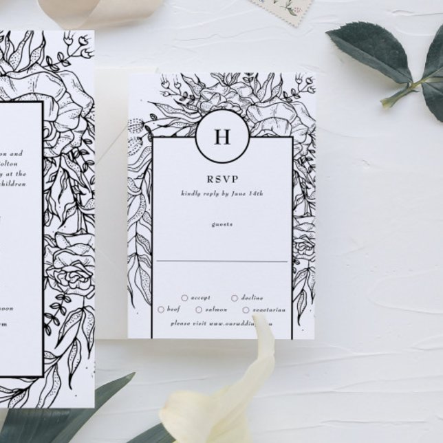 Black Dramatic Monogram Wreath Wedding RSVP Card (RSVP showcasing suite - additional items (bought separately))