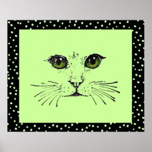 Black Drawing Cat Face Intense Eyes Polka Dots Poster