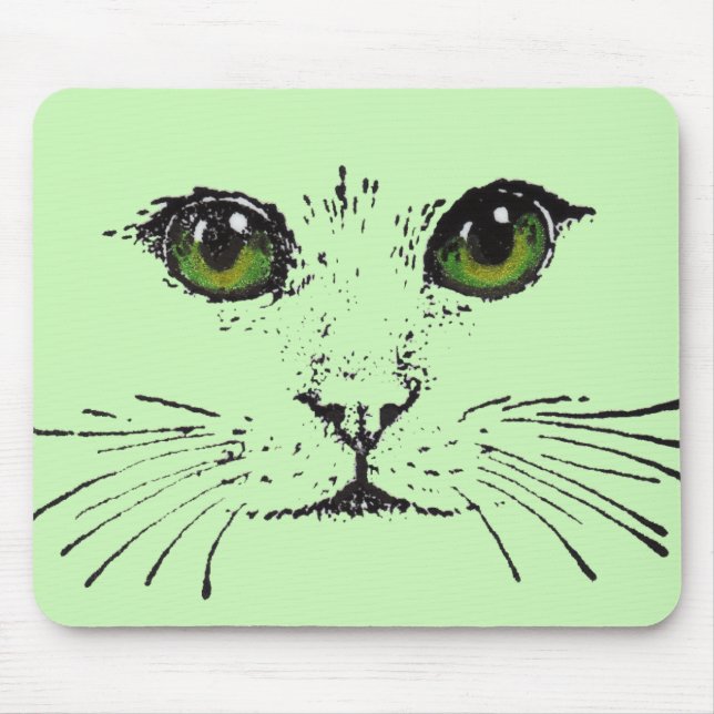 Black Drawing Face of Cat Green Yellow Eyes Mouse Mat (Front)