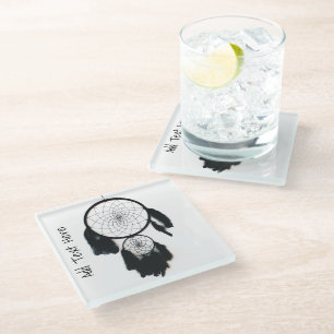 Black Dreamcatcher on White Background Glass Coaster