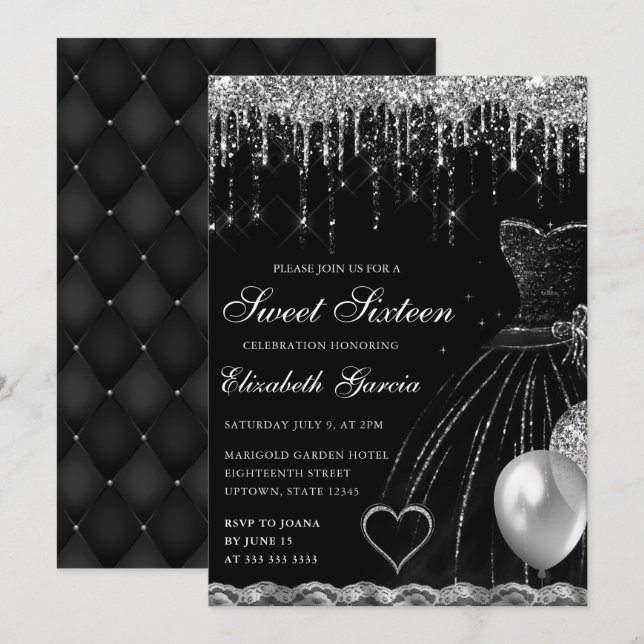 Black Dress and Silver Dripping Glitter Sweet 16 Invitation (Front/Back)