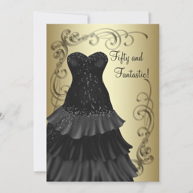 Black Dress Black Gold Womans 50th Birthday Party Invitation (Front)