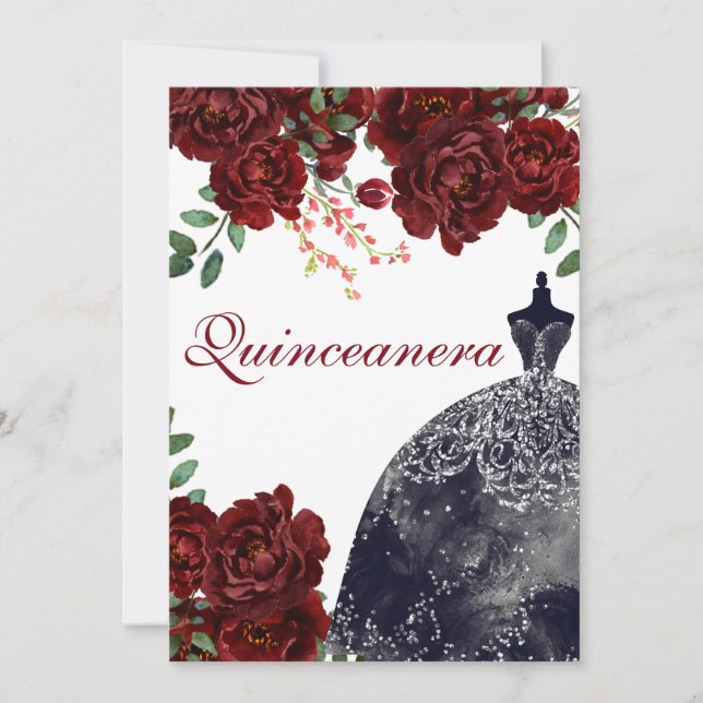 Black Dress Burgundy Red Roses Quinceanera Party Invitation (Front)